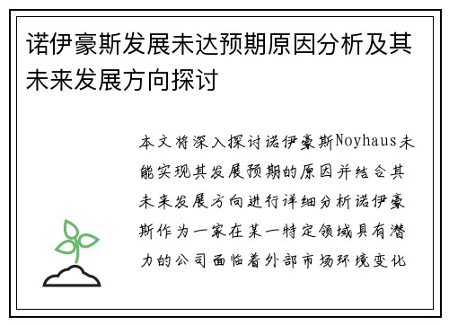 诺伊豪斯发展未达预期原因分析及其未来发展方向探讨