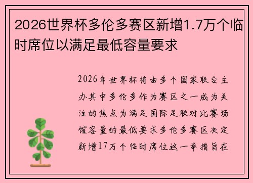 2026世界杯多伦多赛区新增1.7万个临时席位以满足最低容量要求